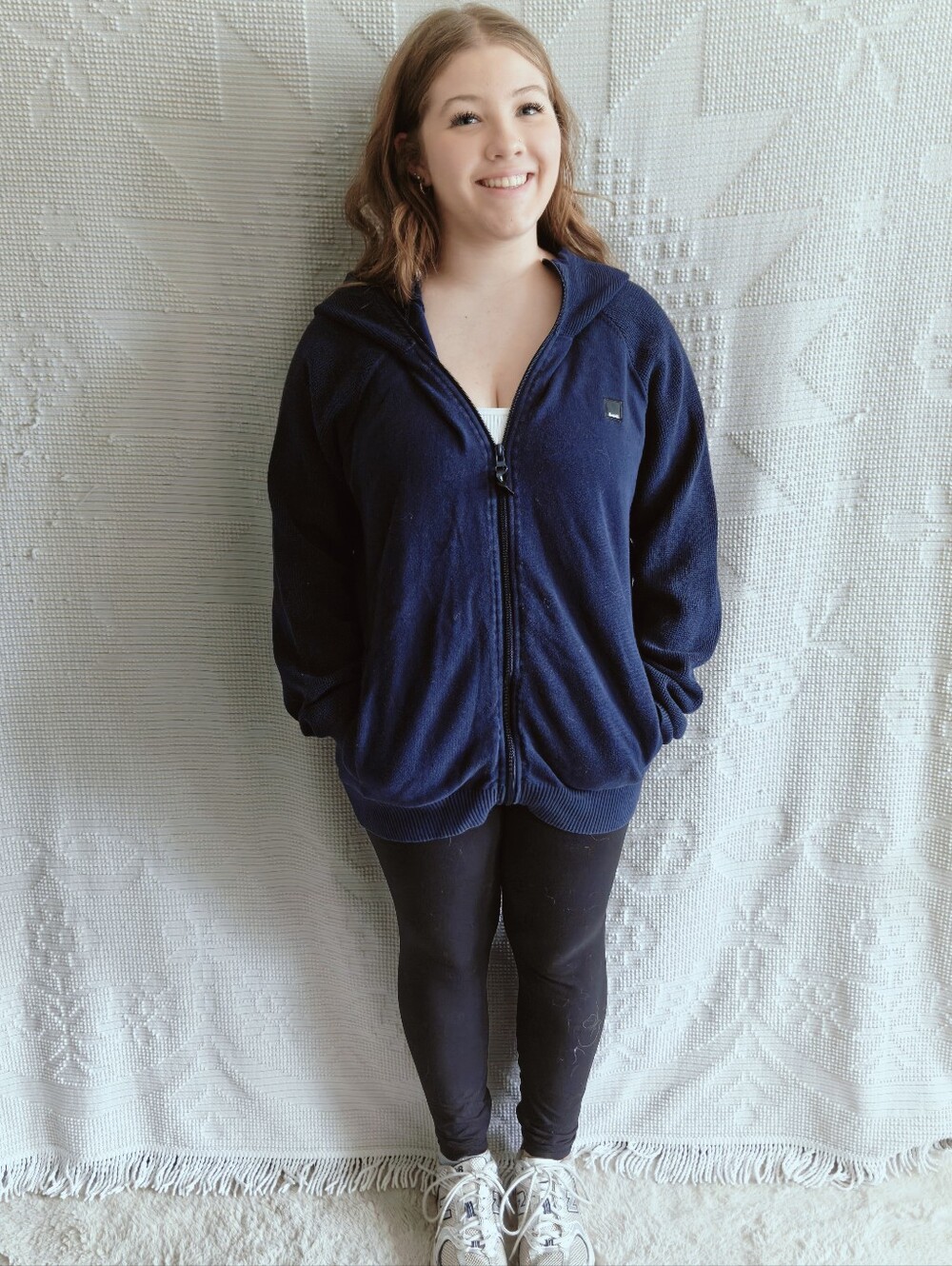 Bench Navy Blue Heavy Waffle Knit Zip Scuba Funnel Neck Hoodie Sweater Size XL